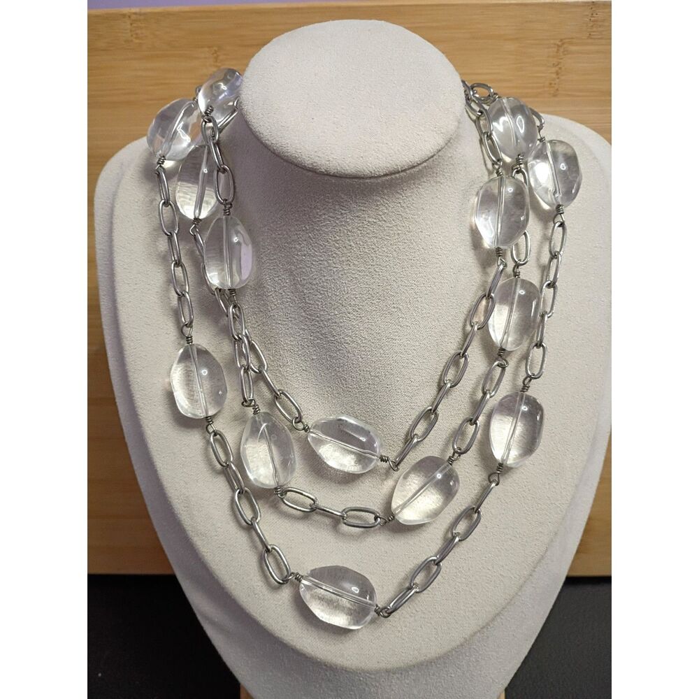 Vintage Transparent Oval Glass Bead Necklace on Triple Strand Silver Tone Chain